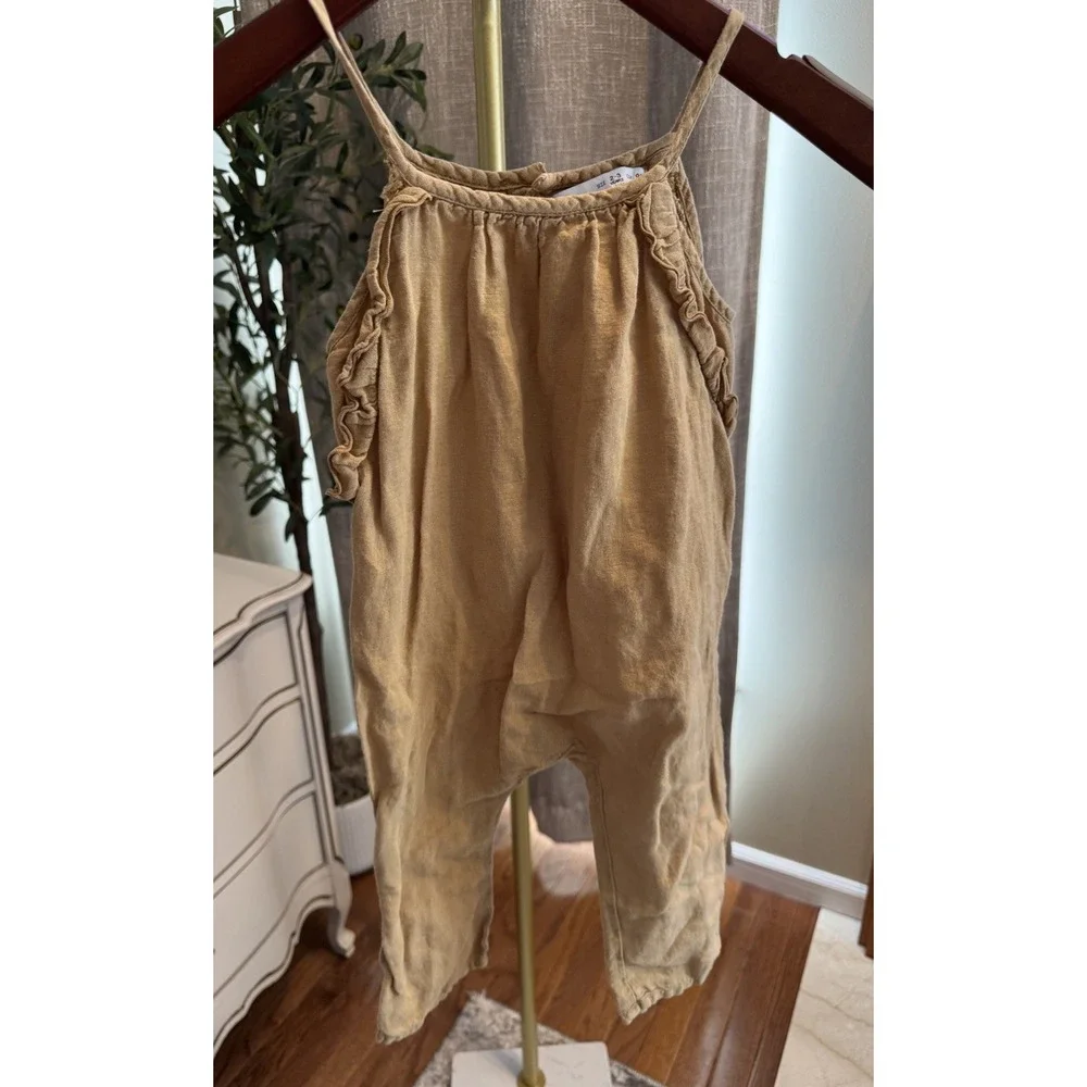 ZARA Baby Linen/cotton Blend Ruffle Sleeveless Romper Tan 2-3 Years Unisex